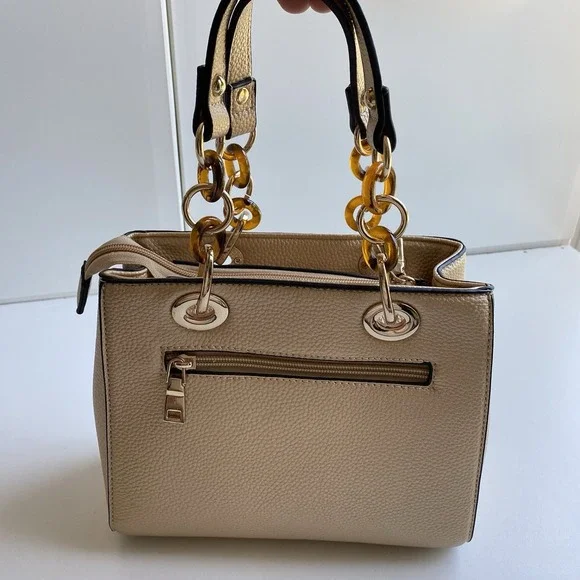 Women's Tan Crossbody Hand Satchel Chained Handle Faux‎ Leather Purse Bag Gold - Picture 8 of 8